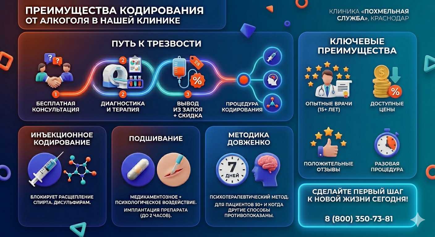 Инфографика о методах кодирования от алкоголя в Петровске: инъекции, подшивание, метод Довженко. Преимущества клиники и этапы лечения.